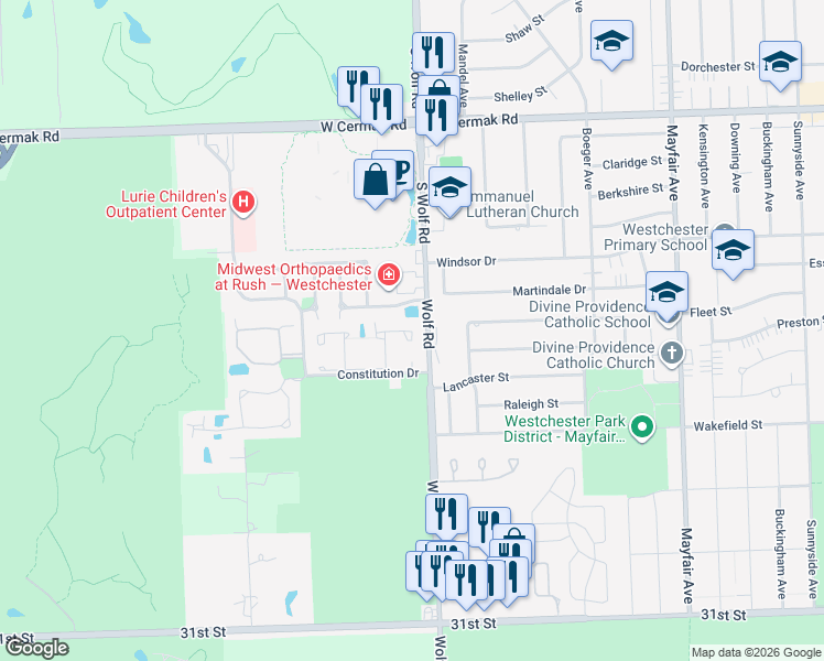 map of restaurants, bars, coffee shops, grocery stores, and more near 2500 South Wolf Road in Westchester