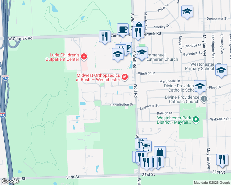 map of restaurants, bars, coffee shops, grocery stores, and more near 11253 Summerdale Street in Westchester