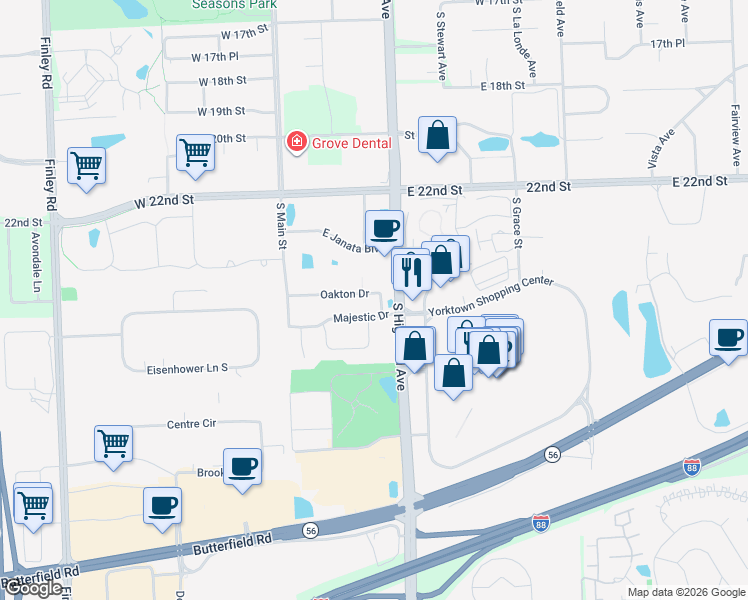 map of restaurants, bars, coffee shops, grocery stores, and more near 154 Oakton Drive in Lombard