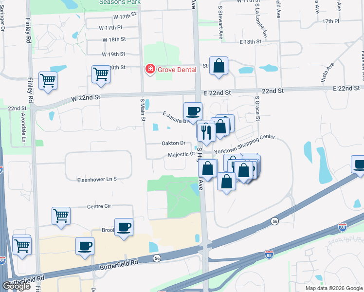 map of restaurants, bars, coffee shops, grocery stores, and more near 154 Oakton Drive in Lombard
