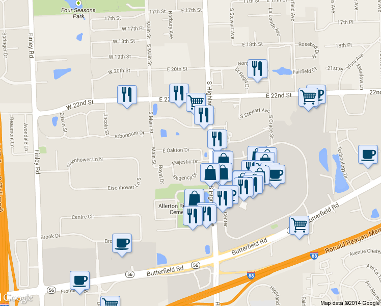 map of restaurants, bars, coffee shops, grocery stores, and more near 154 Oakton Drive in Lombard