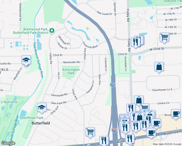 map of restaurants, bars, coffee shops, grocery stores, and more near 2S134 Hampton Lane in Lombard