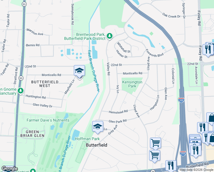 map of restaurants, bars, coffee shops, grocery stores, and more near 2S124 Valley Road in Lombard