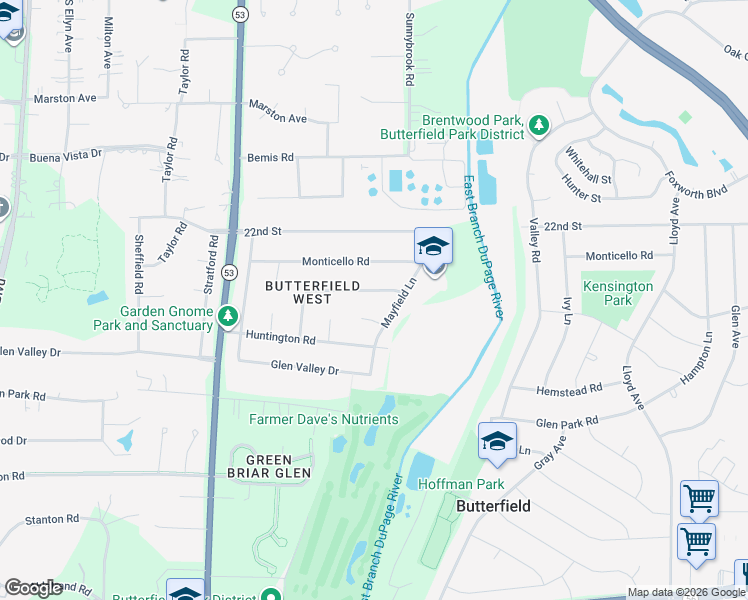 map of restaurants, bars, coffee shops, grocery stores, and more near 540 Kensington Road in Glen Ellyn