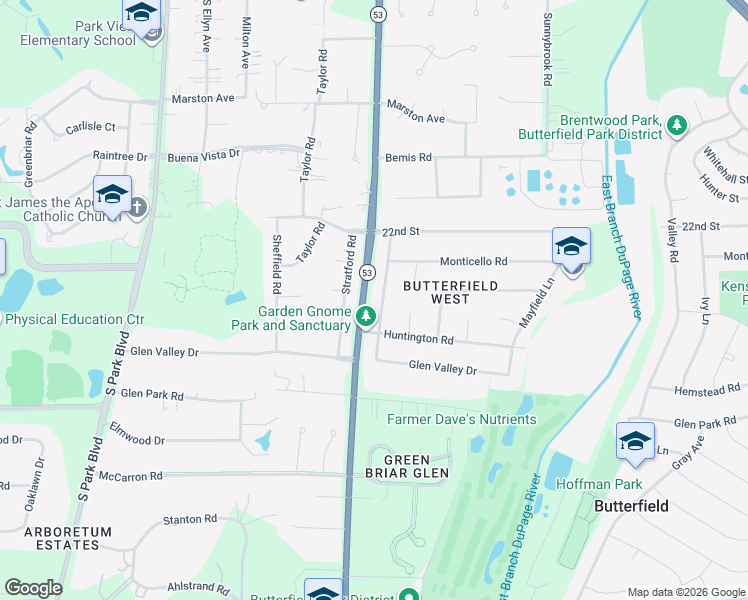 map of restaurants, bars, coffee shops, grocery stores, and more near 2S124 Churchill Lane in Glendale Heights