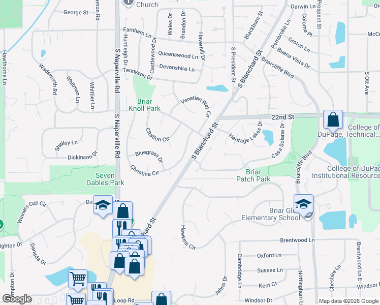 map of restaurants, bars, coffee shops, grocery stores, and more near 171 Christina Circle in Wheaton