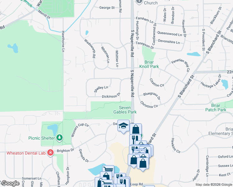 map of restaurants, bars, coffee shops, grocery stores, and more near 1702 Dickinson Drive in Wheaton