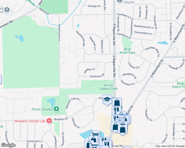 map of restaurants, bars, coffee shops, grocery stores, and more near 152 Shelley Lane in Wheaton