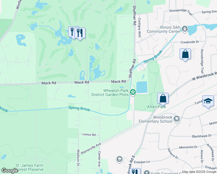 map of restaurants, bars, coffee shops, grocery stores, and more near 27W145 Mack Road in Wheaton