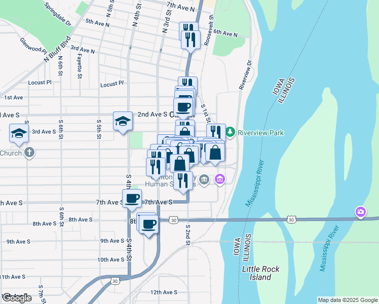 map of restaurants, bars, coffee shops, grocery stores, and more near 317 South 2nd Street in Clinton