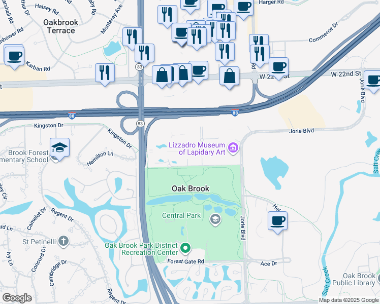 map of restaurants, bars, coffee shops, grocery stores, and more near 1400 Kensington Road in Oak Brook