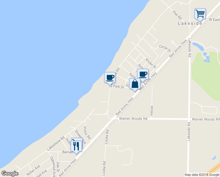 map of restaurants, bars, coffee shops, grocery stores, and more near 15302 Lakeshore Road in Lakeside