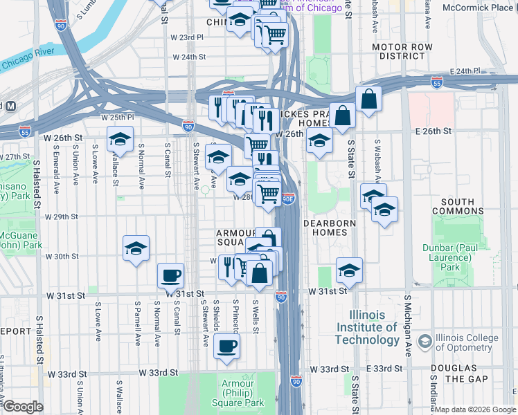 map of restaurants, bars, coffee shops, grocery stores, and more near in Chicago
