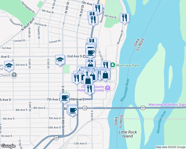 map of restaurants, bars, coffee shops, grocery stores, and more near 419 South 2nd Street in Clinton