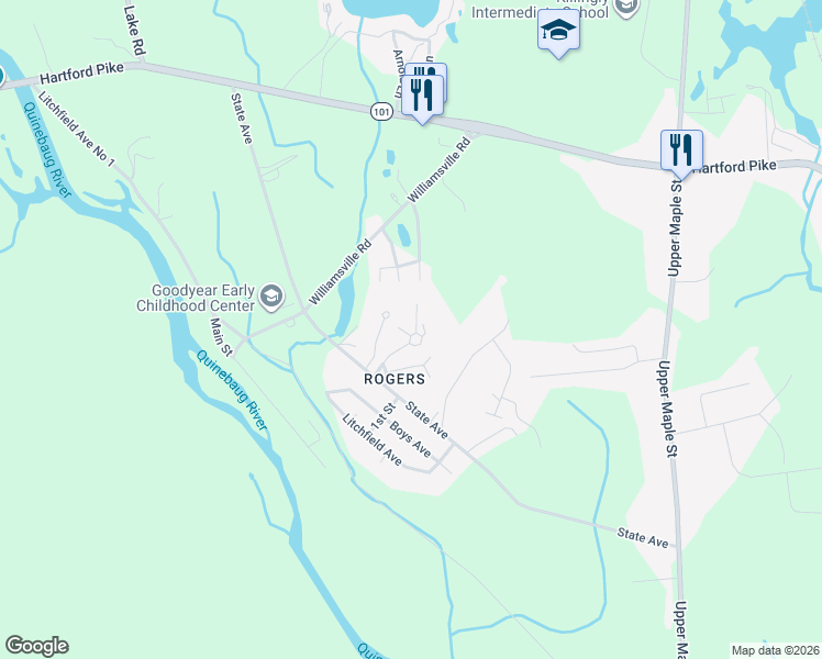 map of restaurants, bars, coffee shops, grocery stores, and more near 701 Woodfield Drive in Killingly