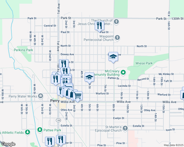 map of restaurants, bars, coffee shops, grocery stores, and more near 1424 5th Street in Perry
