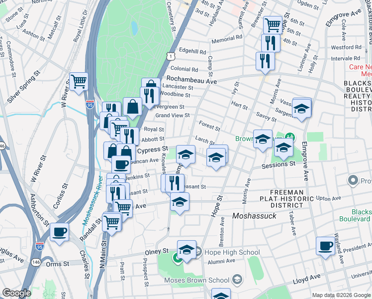 map of restaurants, bars, coffee shops, grocery stores, and more near 101 Cypress Street in Providence
