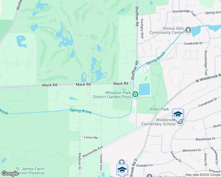 map of restaurants, bars, coffee shops, grocery stores, and more near 27W145 Mack Road in Wheaton