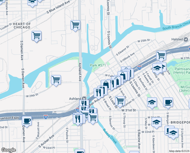 map of restaurants, bars, coffee shops, grocery stores, and more near 2814 South Lock Street in Chicago
