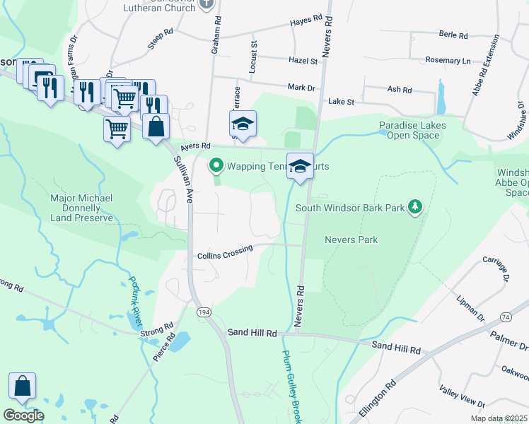 map of restaurants, bars, coffee shops, grocery stores, and more near 161 Nevers Road in South Windsor