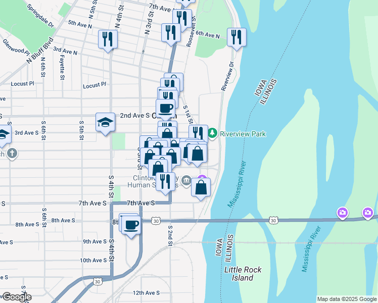 map of restaurants, bars, coffee shops, grocery stores, and more near 115 4th Avenue South in Clinton