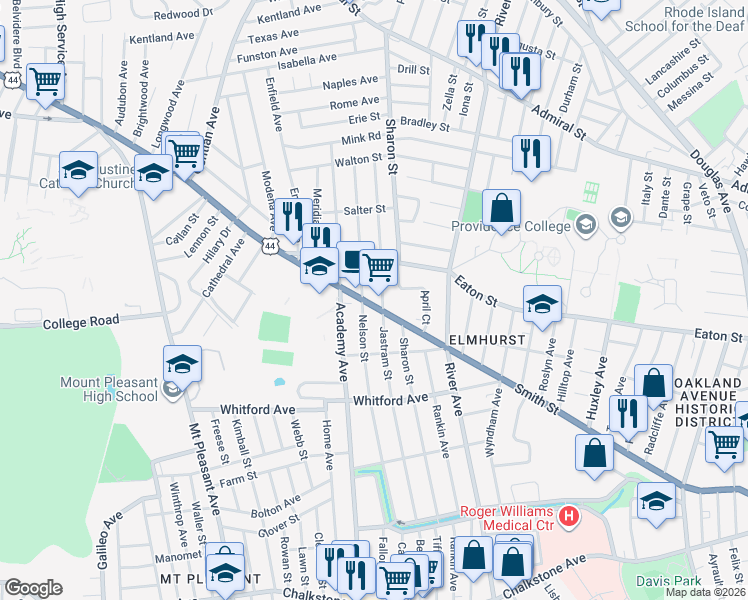 map of restaurants, bars, coffee shops, grocery stores, and more near 975 Smith Street in Providence