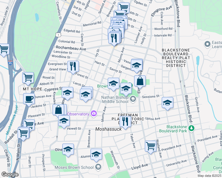 map of restaurants, bars, coffee shops, grocery stores, and more near 337 Morris Avenue in Providence