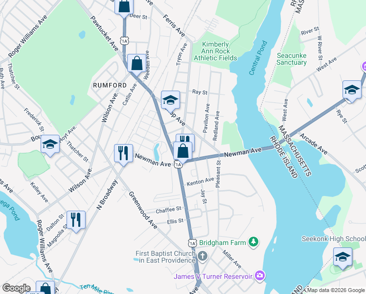 map of restaurants, bars, coffee shops, grocery stores, and more near 36 Barney Street in East Providence