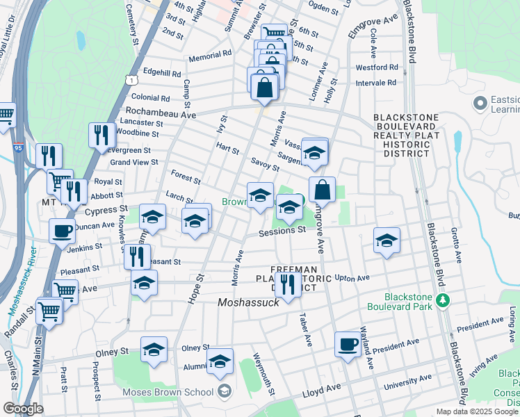 map of restaurants, bars, coffee shops, grocery stores, and more near 312 Morris Avenue in Providence