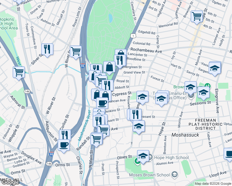 map of restaurants, bars, coffee shops, grocery stores, and more near 55 Abbott Street in Providence