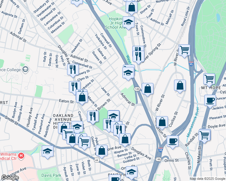 map of restaurants, bars, coffee shops, grocery stores, and more near 134 Pumgansett Street in Providence