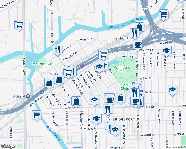 map of restaurants, bars, coffee shops, grocery stores, and more near 2829 South Farrell Street in Chicago