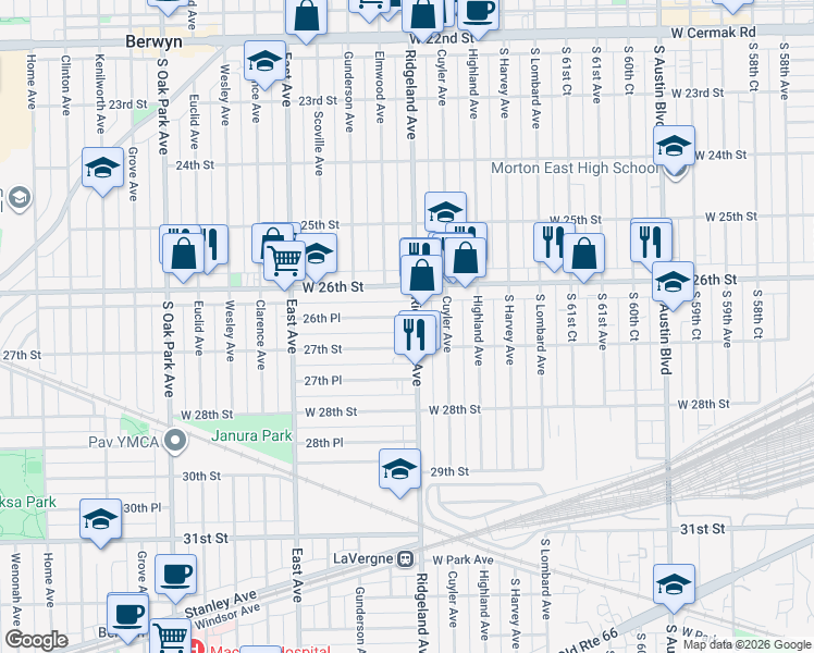 map of restaurants, bars, coffee shops, grocery stores, and more near 2623 Ridgeland Avenue in Berwyn