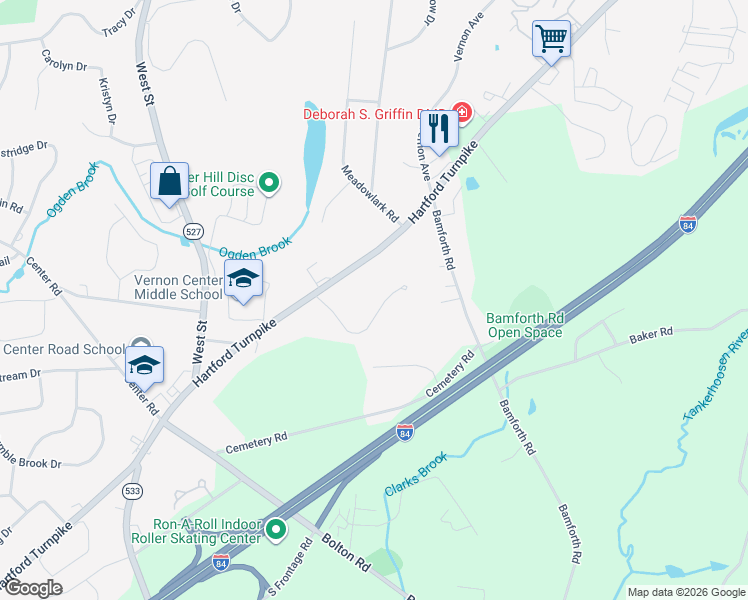 map of restaurants, bars, coffee shops, grocery stores, and more near 832 Hartford Turnpike in Vernon