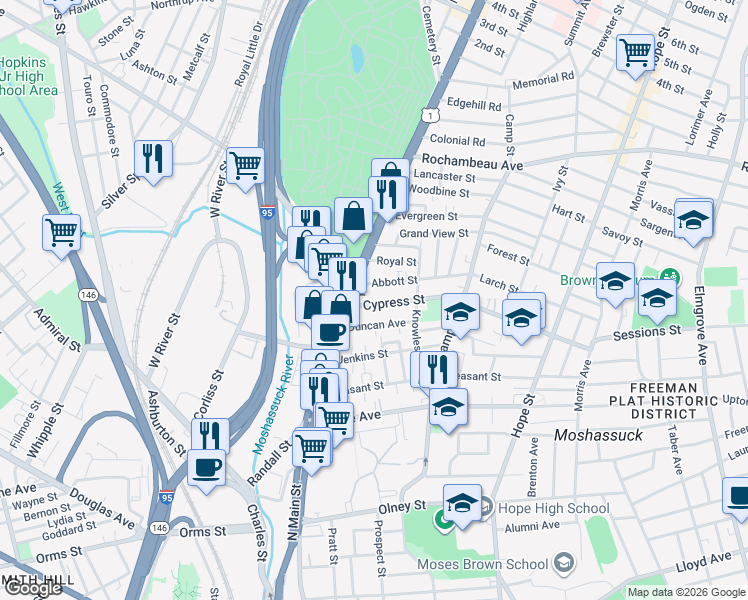 map of restaurants, bars, coffee shops, grocery stores, and more near 55 Abbott Street in Providence
