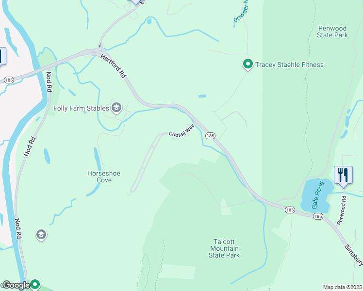 map of restaurants, bars, coffee shops, grocery stores, and more near 129 Hartford Road in Simsbury