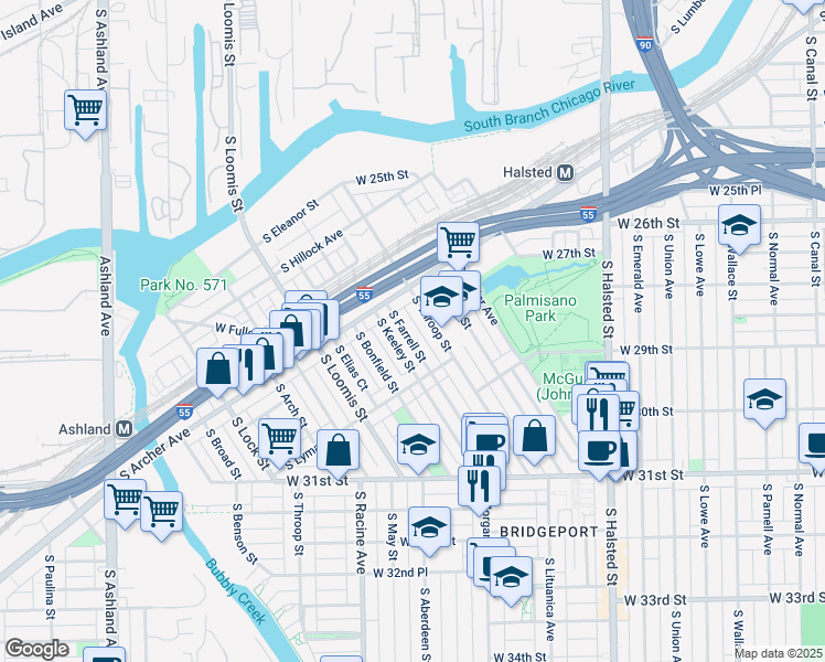 map of restaurants, bars, coffee shops, grocery stores, and more near 2829 South Farrell Street in Chicago