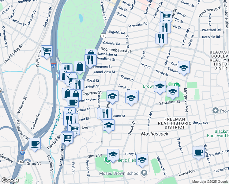 map of restaurants, bars, coffee shops, grocery stores, and more near 152 Camp Street in Providence