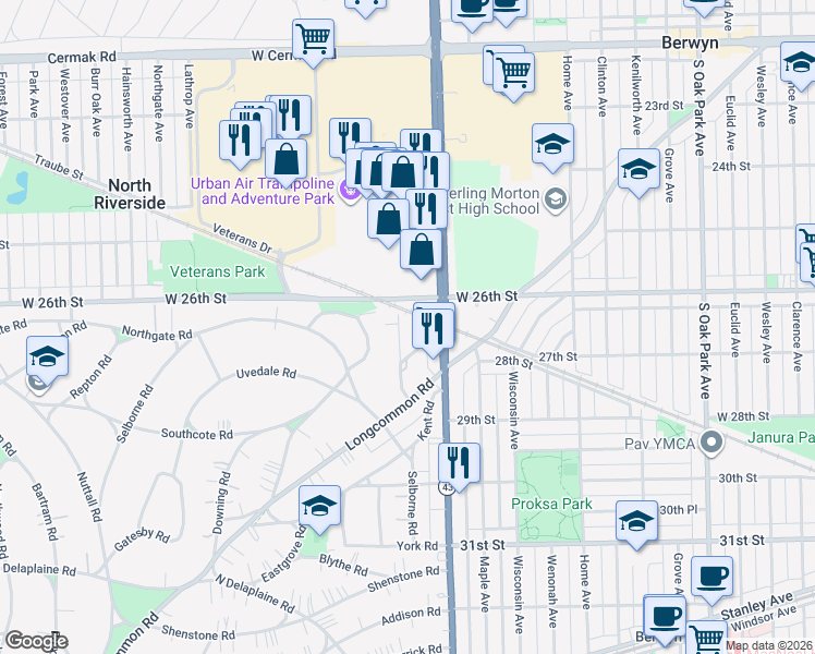 map of restaurants, bars, coffee shops, grocery stores, and more near 576 Byrd Road in Riverside