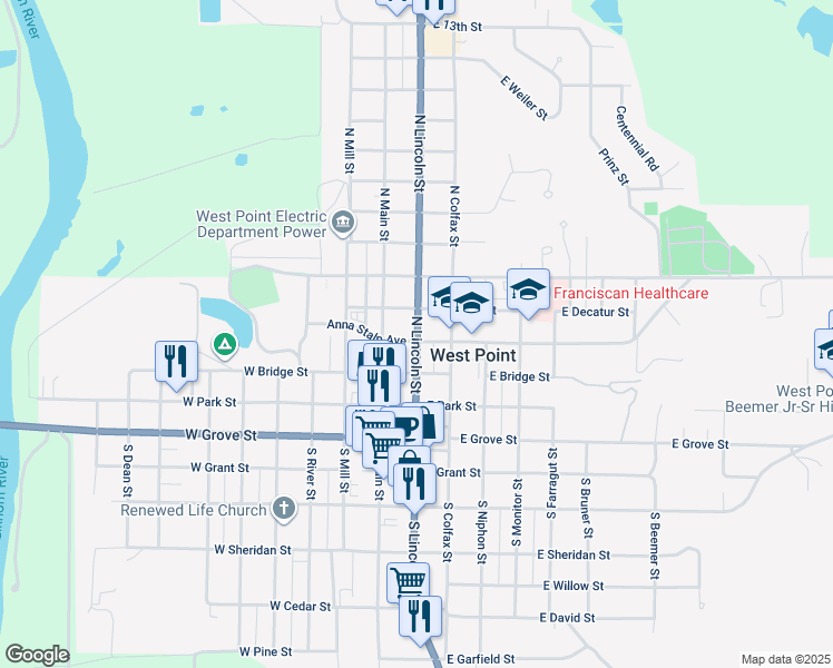 map of restaurants, bars, coffee shops, grocery stores, and more near 319 North Lincoln Street in West Point