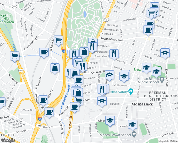 map of restaurants, bars, coffee shops, grocery stores, and more near 32 Cypress Street in Providence