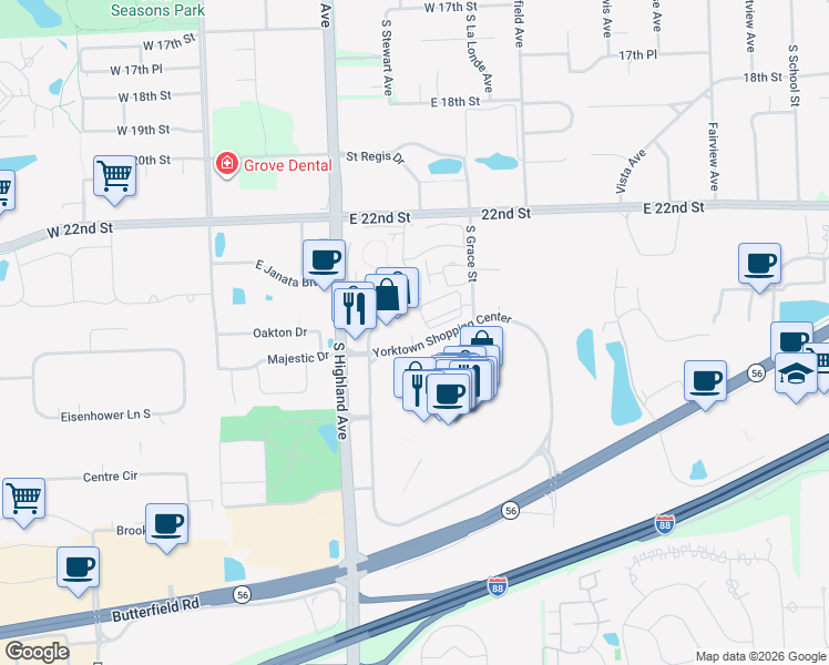 map of restaurants, bars, coffee shops, grocery stores, and more near 244 Yorktown Shopping Center in Lombard