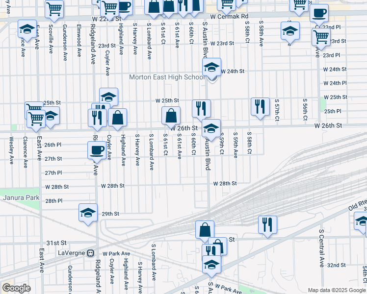 map of restaurants, bars, coffee shops, grocery stores, and more near 2627 South 61st Avenue in Cicero