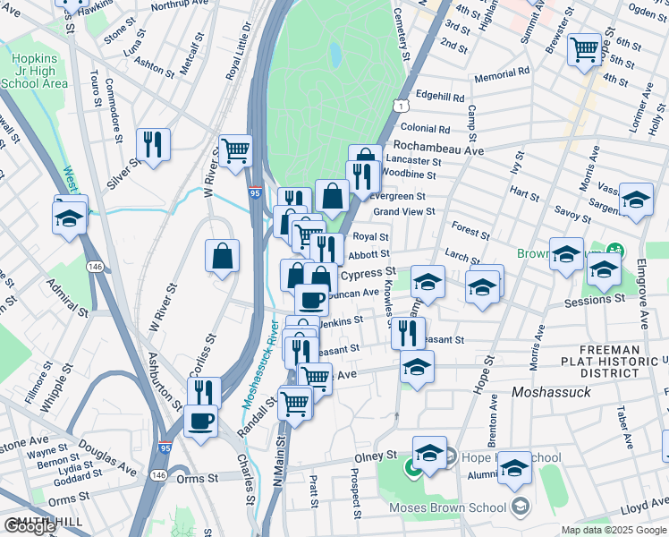 map of restaurants, bars, coffee shops, grocery stores, and more near in Providence