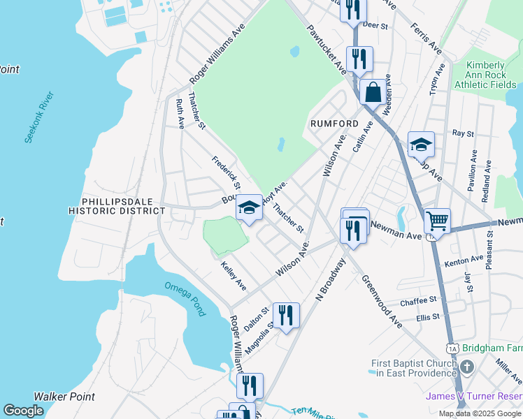 map of restaurants, bars, coffee shops, grocery stores, and more near 60 Thatcher Street in East Providence