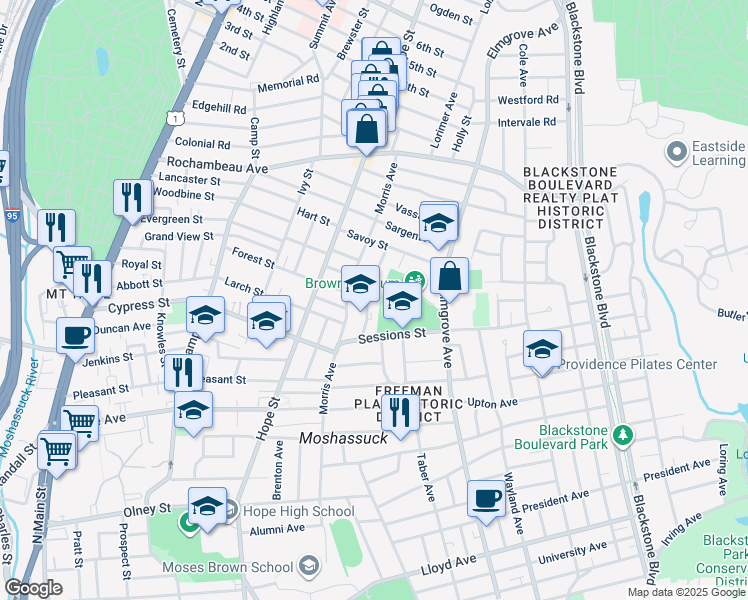 map of restaurants, bars, coffee shops, grocery stores, and more near 46 Taft Avenue in Providence