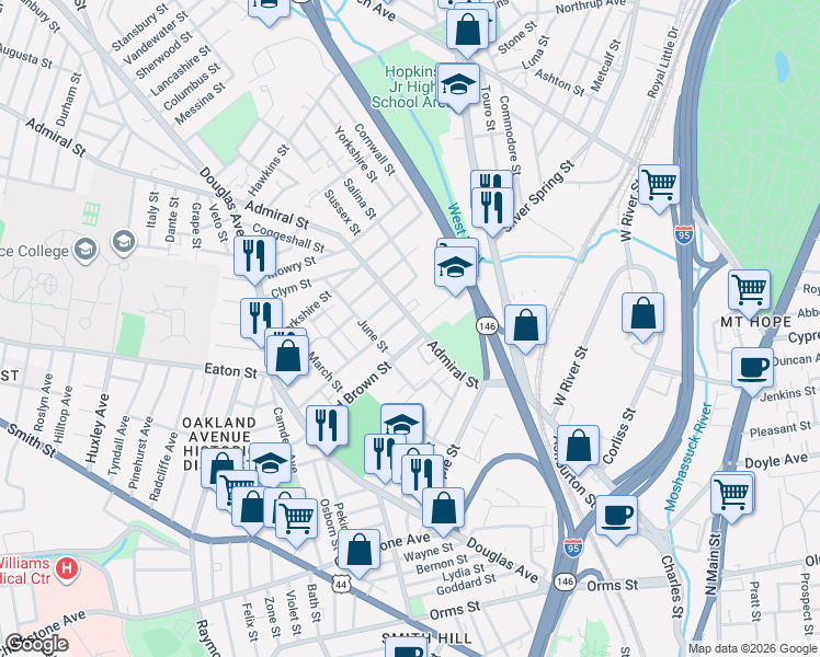 map of restaurants, bars, coffee shops, grocery stores, and more near 134 Pumgansett Street in Providence