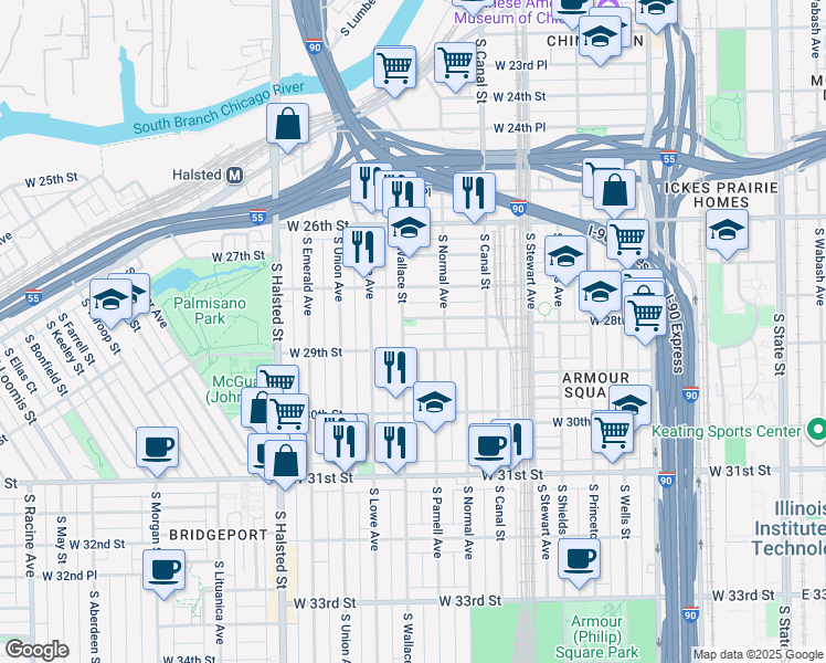 map of restaurants, bars, coffee shops, grocery stores, and more near 515 West 28th Place in Chicago