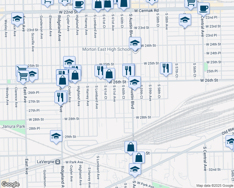 map of restaurants, bars, coffee shops, grocery stores, and more near 2627 South 61st Avenue in Cicero