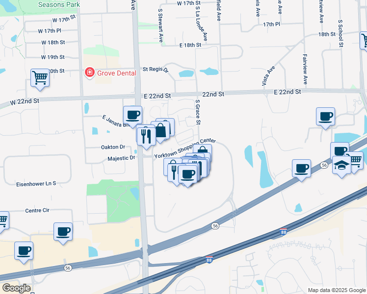 map of restaurants, bars, coffee shops, grocery stores, and more near 244 Yorktown Shopping Center in Lombard